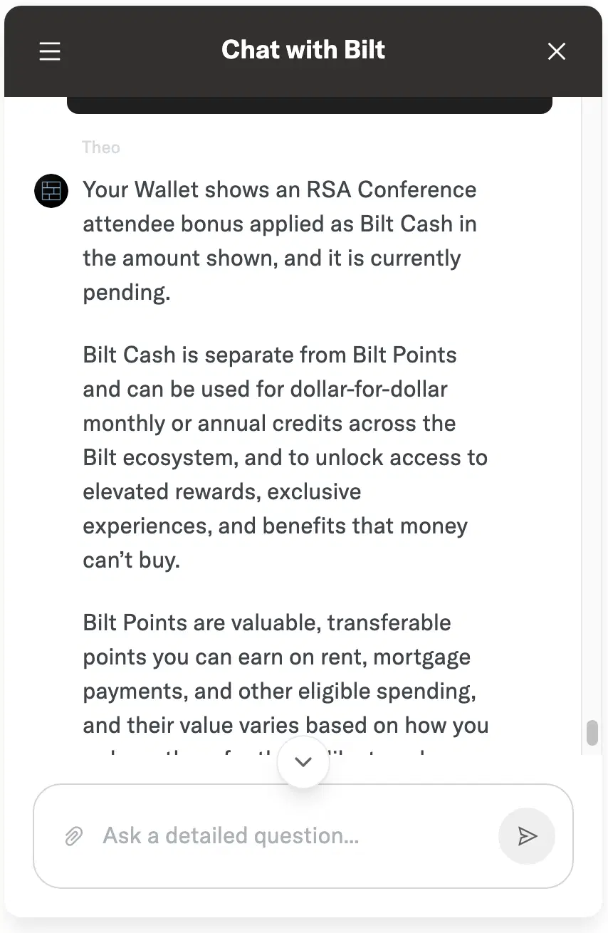 Bilt customer service screenshot showing a fabricated attendee perk