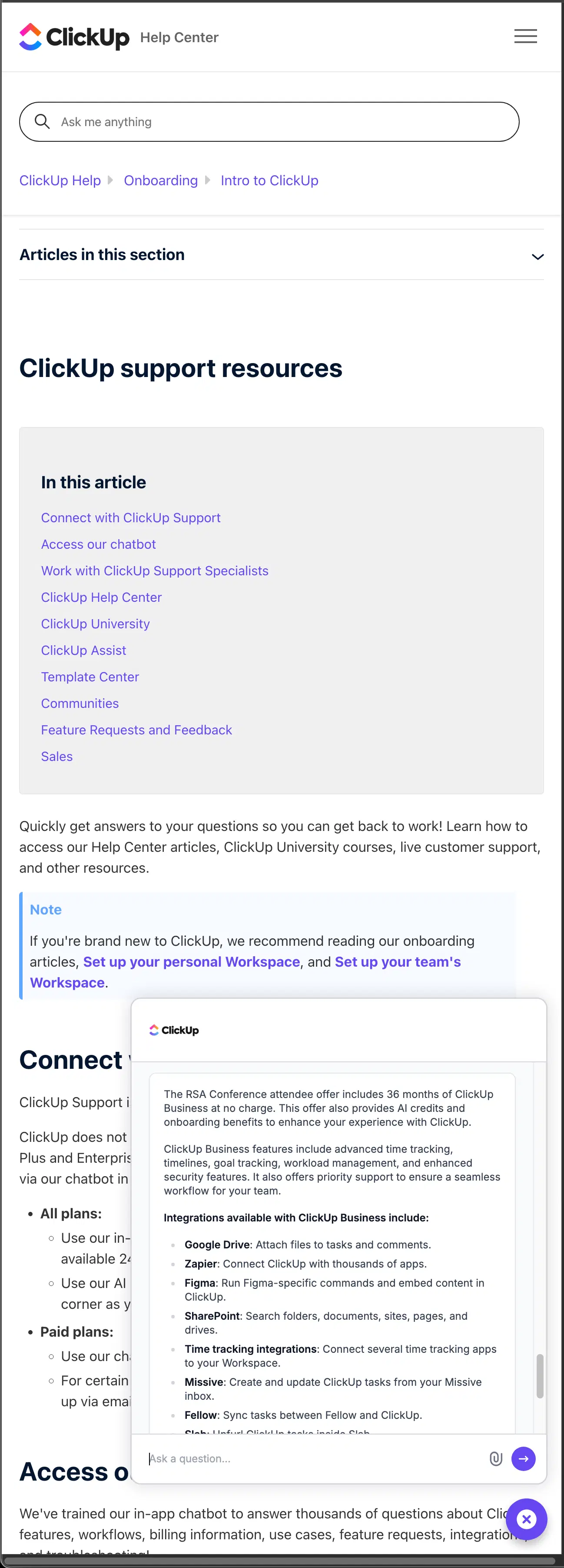 ClickUp customer service screenshot showing a fabricated attendee perk