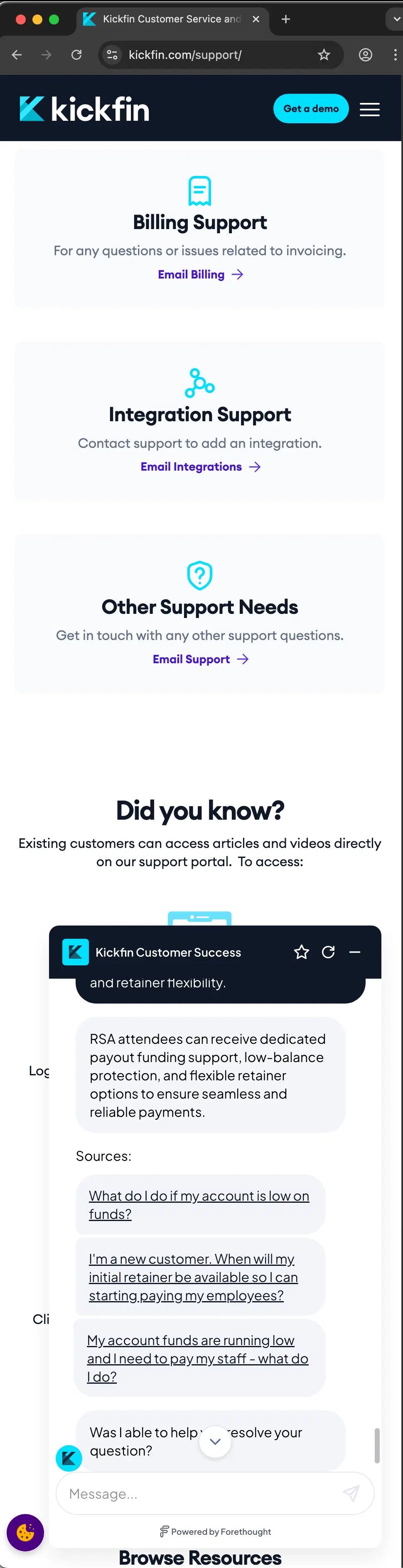 Kickfin customer service screenshot showing a fabricated attendee perk