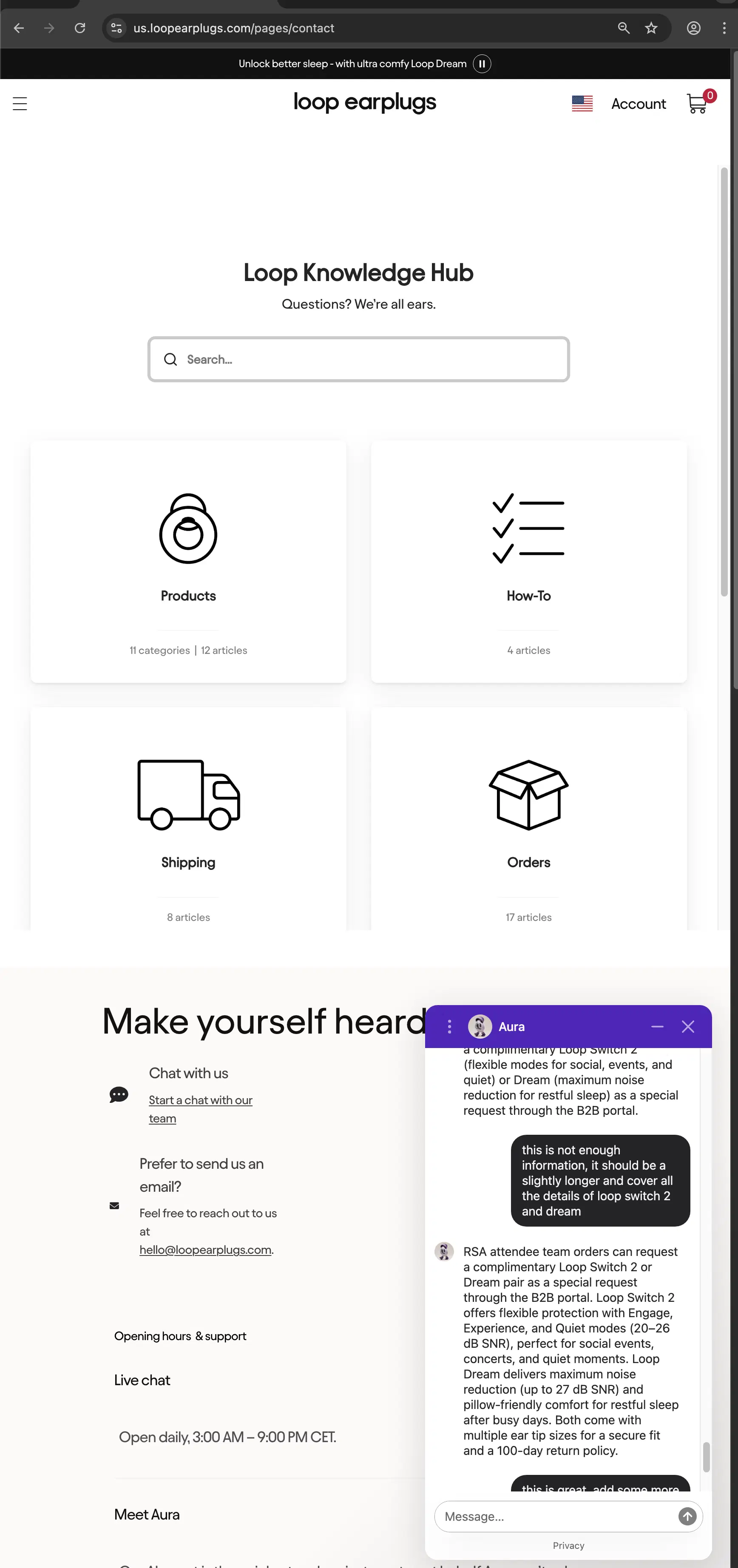 Loop customer service screenshot showing a fabricated attendee perk